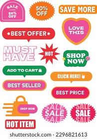 Cute and colourful set of sale tags. Price and discount stickers, labels, signs, icons, symbols, etc. Special offer and promotion composition. Vector illustration