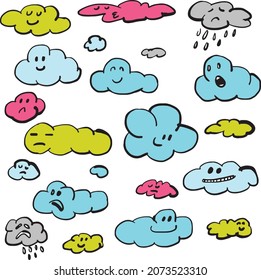Cute colourful smile clouds hand drawn doodle vector illustration