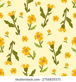 Cute and colourful spring flower pattern in yellow. Vector seamless garden wild farfara art