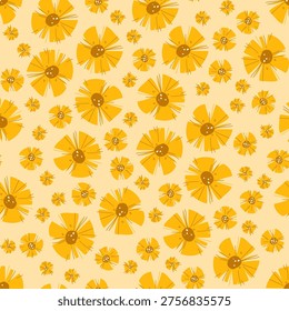 Cute and colourful spring flower pattern in yellow. Vector seamless garden wild farfara art
