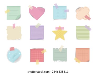 Cute colourful sticky notes with washi tape, heart and star shapes, pastel memo pads, ideal for digital planning, scrapbooking, journaling, and school-themed design.