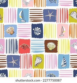 Cute and Colourful summer seamless pattern Vacation Moment with hand drawn Seashells, beach life elements Vector illustration,Design for fashion , fabric, textile, wallpaper, wrapping and all prints 
