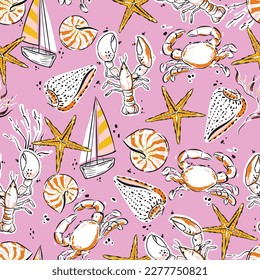 Cute and Colourful summer seamless pattern Vacation Moment with hand drawn Seashells, beach life elements Vector illustration,Design for fashion , fabric, textile, wallpaper, wrapping and all prints