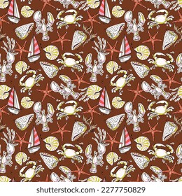 Cute and Colourful summer seamless pattern Vacation Moment with hand drawn Seashells, beach life elements Vector illustration,Design for fashion , fabric, textile, wallpaper, wrapping and all prints