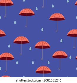 Cute und bunte Vektorschirme, nahtlos mit Wolken und Regen für Kinderbekleidung und Papiererzeugnisse, Stoffdruck und Textilien, geeignet für Tapeten auf dunkelblauem Hintergrund