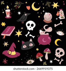 Lindo, colorido y caprichoso patrón de Vector sin costuras con un cuervo, un gato negro, una bola de cristal, un libro de hechizos, un sombrero de bruja y otros objetos místicos