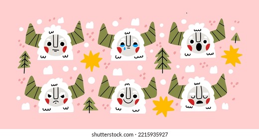 Cute colourful yeti in different express yeti emotions in Scandinavian Boho style. Trendy illustration. Set of stickers with monsters. Contemporary yeti isolated elements. Snowman with horns