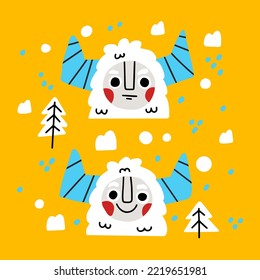 Cute colourful yeti in different express yeti emotions in Scandinavian Boho style. Trendy illustration. Set of stickers with monsters. Contemporary yeti isolated elements. Snowman with horns