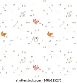 Cute colourfull Gen and chicken vector pattern. farm inspired in white background to print giftpaper, scrapbooking, textile design for children.Litle chickens singing and playing cartoon like pattern