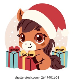 Cute colt with big eyes wearing santa claus hat holding gift boxes. Flat vector illustration in simple child style