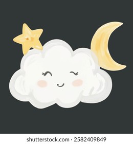 A cute combination of cloud, star, and moon, perfect for dreamy, celestial themed design projects and journaling.