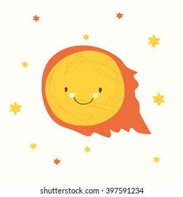 Cute comet card for children. Comet flies, the stars in the background.
