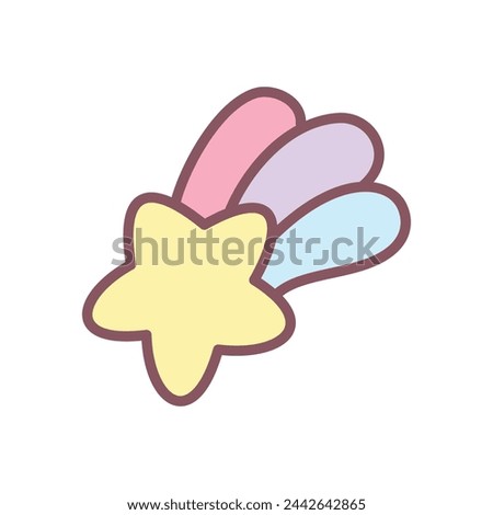 Cute comet icon. Hand drawn illustration of a shooting star with a rainbow tail isolated on a white background. Kawaii sticker. Vector 10 EPS.