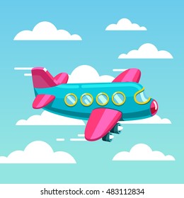 Cute comic air plane jet flying fast in the sky. Flat style modern vector illustration.