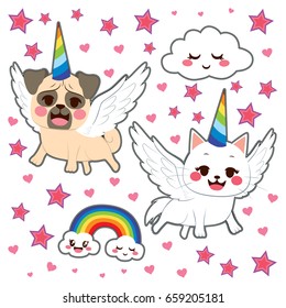 Cute comic animal stickers pop art style of dog and cat disguised as unicorn with stars, rainbow and clouds