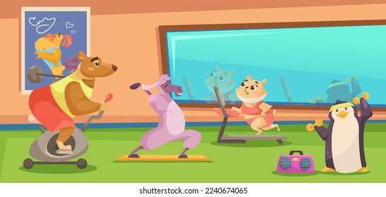 Cute comic animals doing exercises in gym vector illustration. Cartoon drawing of bear, llama, hamster and penguin characters exercising. Healthy lifestyle, fitness, sports, animals concept
