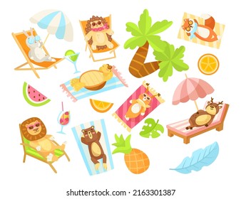 Cute comic animals relaxing on beach vector illustrations set. Funny wild animal cartoon characters on sun loungers or beach towels isolated on white background. Summer, holiday, wildlife concept