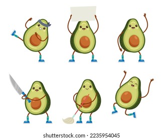 Cute comic avocado in different poses vector illustrations set. Happy green vegetable character holding banner, doing sports, jumping, waving, mopping floor. Mascot, healthy lifestyle, food concept