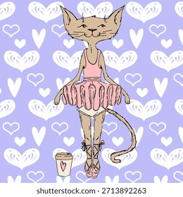 Cute comic ballerina cat character in a pink tutu with a cup of coffee, seamless pattern background with hearts, vector
