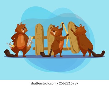 Cute comic beavers building fence vector illustration. Cartoon drawing of wild animal characters with wooden planks and tape measure on abstract background. Wildlife, nature concept