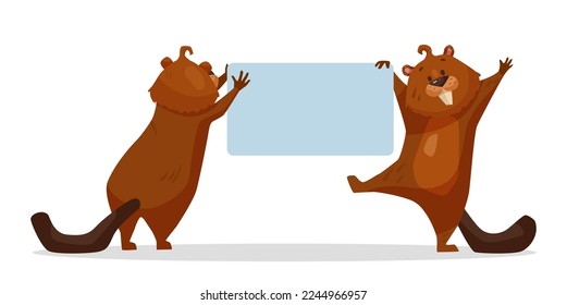 Cute comic beavers holding empty banner vector illustration. Cartoon drawing of funny rodents with blank announcement isolated on white background. Information, advertisement, wildlife concept