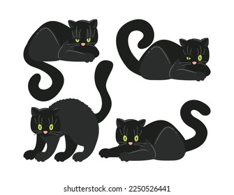 Cute comic black cat lying and standing vector illustrations set. Cartoon drawings of angry kitten character with black fur and green eyes on white background. Pets or domestic animals concept