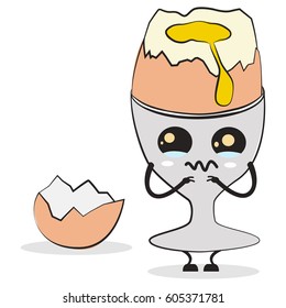 Cute comic boiled egg cartoon character. Traditional breakfast. Vector food illustration isolated on a white background.