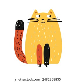 Cute comic cat. Abstract funny kitten with funny emotion for kids design naive art style, doodle childish domestic animal in playful mood. Vector illustration.
