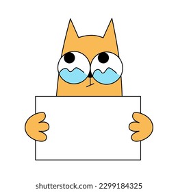 Cute comic cat with big eyes hold placard with text space. Cartoon line minimal hand drawn sketch funny style. Ask for, implore expression. For veterinary or pet shelter. Vector illustration.