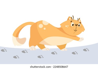 Cute comic cat leaving paw prints on floor vector illustration. Cartoon drawing of ginger kitten character walking on carpet or snow on white background. Pets, domestic animals concept