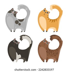 Gatos cómicos con ilustraciones vectoriales de cola esponjosa. Dibujos de adorables personajes gatitos de diferentes razas o colores, aislados en fondo blanco. El concepto de mascotas, animales domésticos