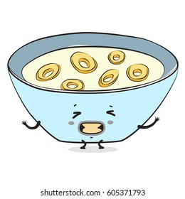 Cute comic cereal cartoon character. Traditional breakfast. Vector food illustration isolated on a white background.