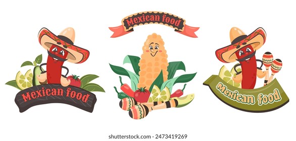 Cute comic character isolated. Red chili pepper in hat with vegetables and maracas. Smiling funny corn. Mexican food. Doodle hand drawn vector illustration for poster, flyer, banner, delivery, menu