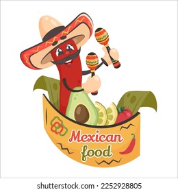 Cute comic character red chilli pepper with vegetables and maracas. Mexican food. Doodle drawn vector illustration for dishes, menu, poster, flyer, banner, delivery, cooking concept 