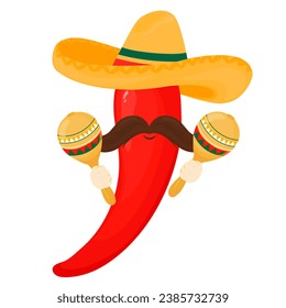 Cute comic character red chilli pepper with maracas. Mexican food.  vector illustration for dishes, menu, poster, flyer, banner, delivery, cooking concept.