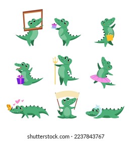 Cute comic crocodile in different poses vector illustrations set. Alligator cartoon character holding banner, dancing, getting birthday gift isolated on white background. Wildlife, emotions concept