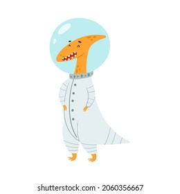 Cute comic dinosaur in astronaut costume. Adorable animal dressed for carnival or masquerade party cartoon vector illustration