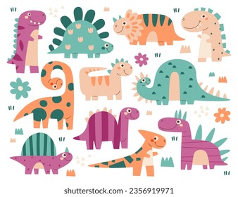 Cute comic dinosaur babies, funny dino kids, lovely dragon monster character vector illustration surrounded with flower decoration. Prehistoric animal playing having fun drawings collection