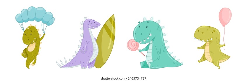 Cute Comic Dinosaur Do Different Activity Vector Set