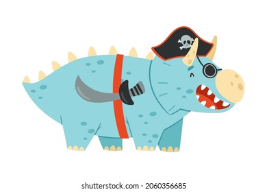 Cute comic dinosaur in pirate costume. Adorable animal dressed for carnival or masquerade party cartoon vector illustration