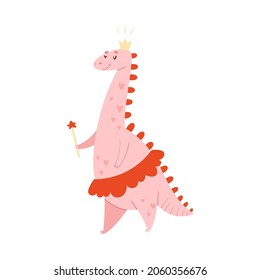 Cute comic dinosaur in princess costume. Adorable animal dressed for carnival or masquerade party cartoon vector illustration