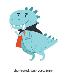 Cute comic dinosaur in vampire costume. Adorable animal dressed for carnival or masquerade party cartoon vector illustration
