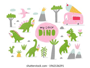 Cute comic dinosaurs and ice cream. Cute cartoon dino for kids t-shirt prints. Green and pink - Vector illustration. Dino and ice cream car

