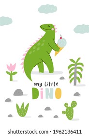 Cute comic dinosaurs and ice cream. Cute cartoon dino for kids t-shirt prints. Green and pink - Vector illustration.
