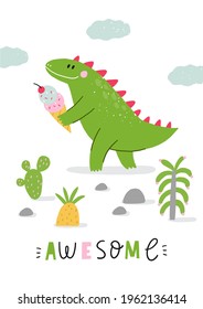Cute comic dinosaurs and ice cream. Cute cartoon dino for kids t-shirt prints. Green and pink - Vector illustration.
