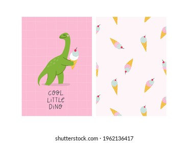 Cute comic dinosaurs and ice cream. Cute cartoon dino for kids t-shirt prints. Green and pink - Vector illustration.
