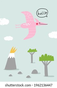 Cute comic dinosaurs and ice cream. Cute cartoon dino for kids t-shirt prints. Green and pink - Vector illustration.
