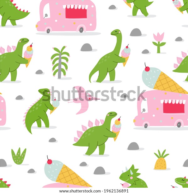 Cute comic dinosaurs and ice cream.\
Cute cartoon dino for kids t-shirt prints. Green and pink - Vector\
seamless pattern illustration. Dino and ice cream\
car\
