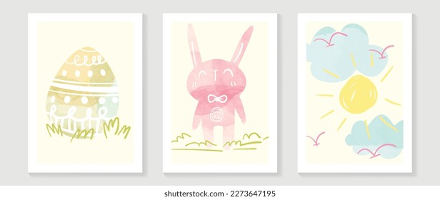 Cute comic easter wall art vector set  Collection adorable hand painted watercolor easter egg  pink rabbit  sky  Design for nursery wall art in doodle style  baby  kids poster  card  invitation 