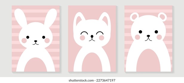 Cute comic easter wall art vector set. Collection with adorable hand drawn white rabbit, cat, bear. Design illustration for nursery wall art in doodle style, baby, kids poster, card, invitation.